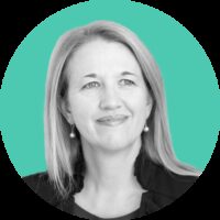 Black and white photo of Amelia Warren Tyagi - Co-Founder and Co-CEO of Business Talent Group on teal background