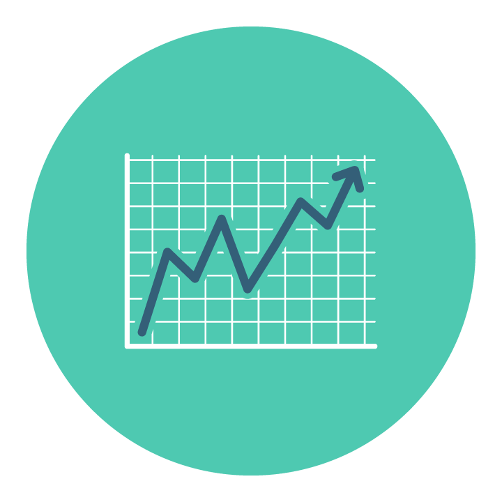 Teal icon depicting financial modeling with a chart showing an upward trend line