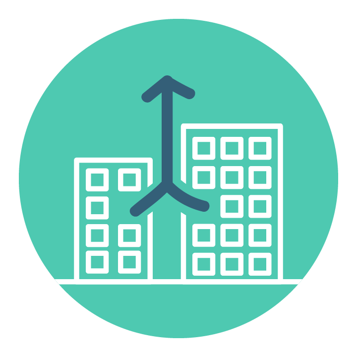 Teal icon depicting a merger or acquisition, two buildings with a merging line between them