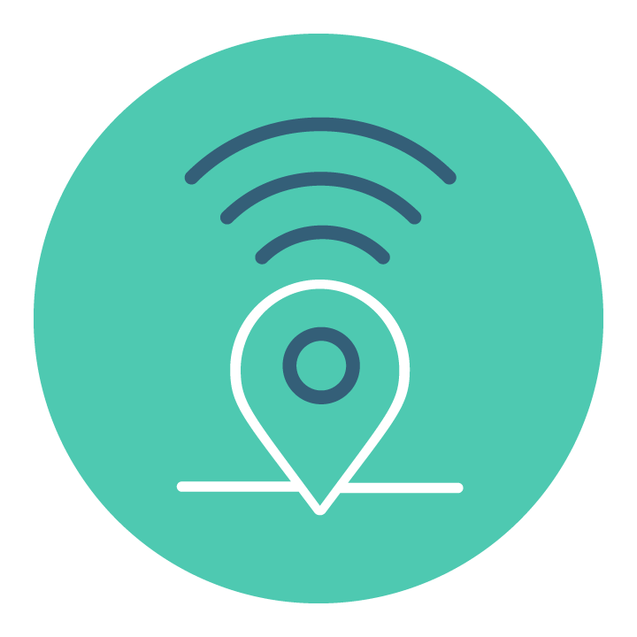 Teal icon depicting onsite  or remote capabilities with a WIFI symbol lodged in the ground