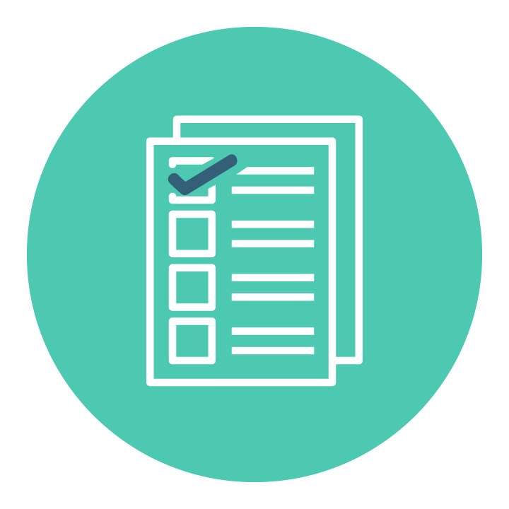 Teal icon of paperwork with a checked box at the top, project management, to-do, task list