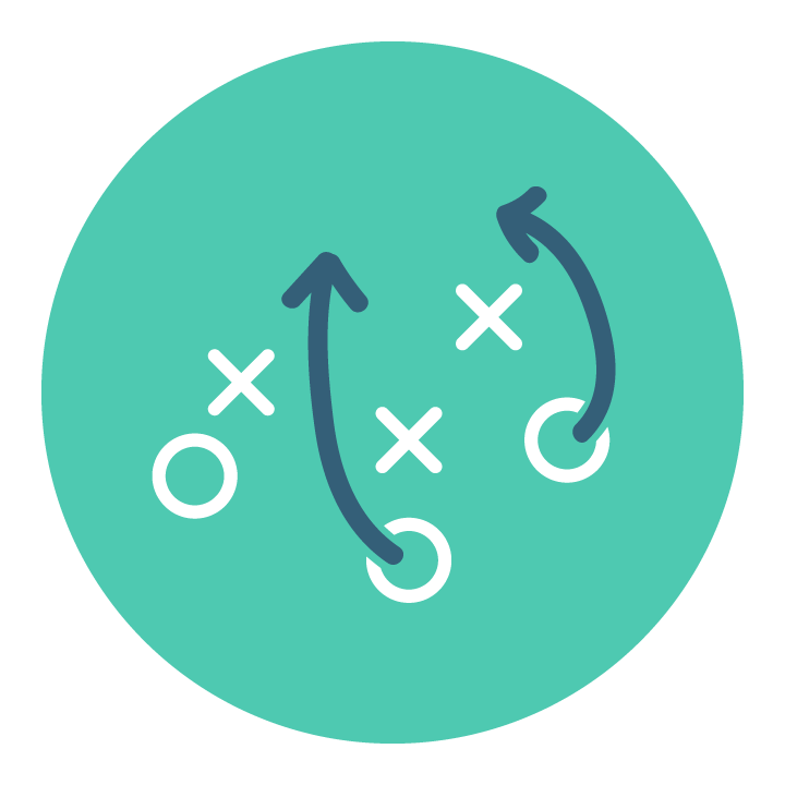 Teal icon illustrating strategy and planning with x's and o's and arrows