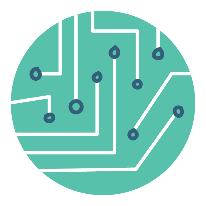 Teal icon depicting a microchip, conveying technology, circuitry with intricate network connections
