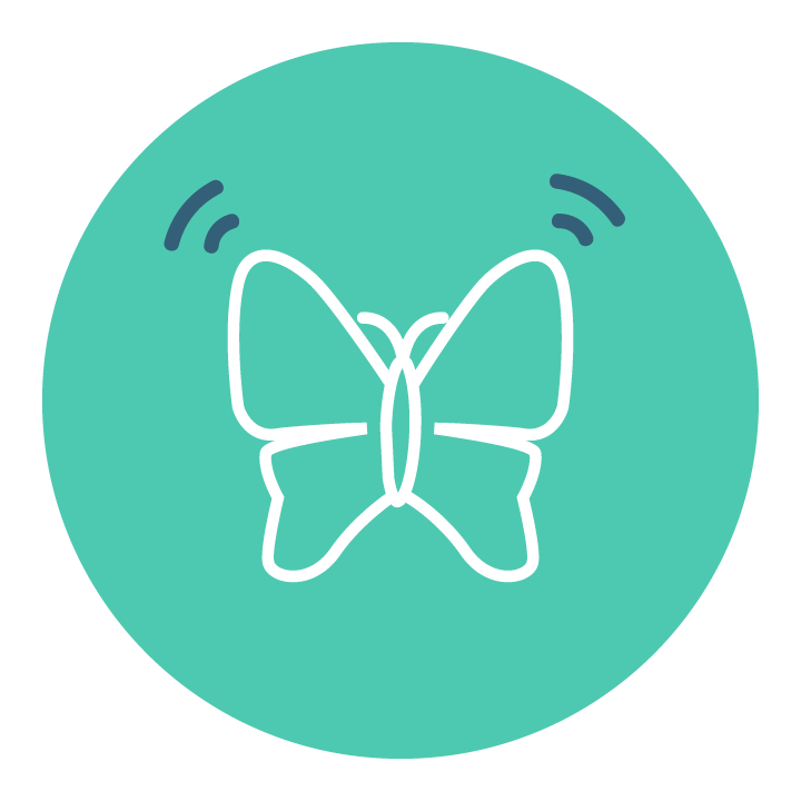 Teal icon depicting a butterfly after metamorphosis, transformation, transformations