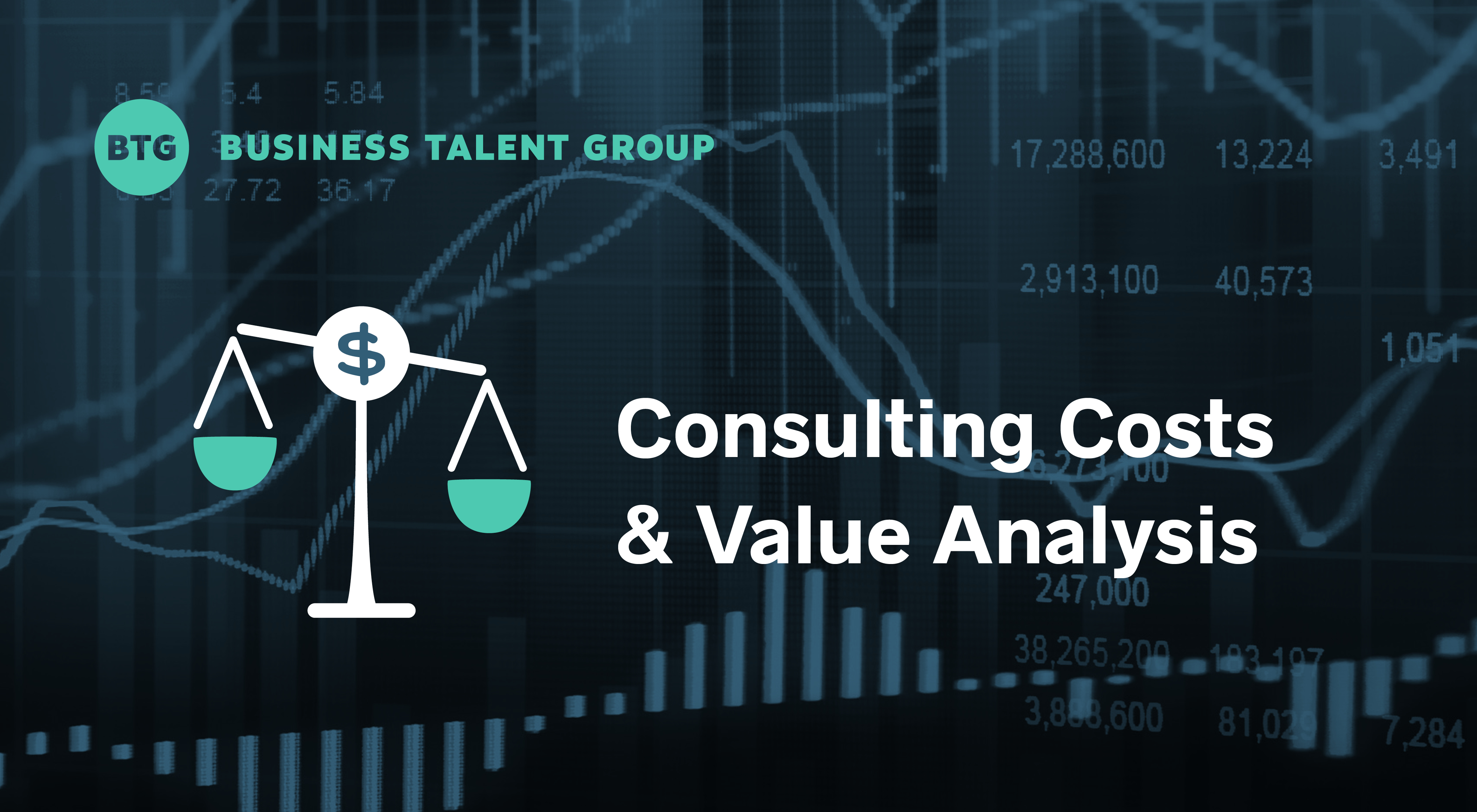 Consulting Costs and Value Analysis: On-Demand Talent Savings vs. Traditional Firms — Scale icon with dollar sign on background of financial graphs