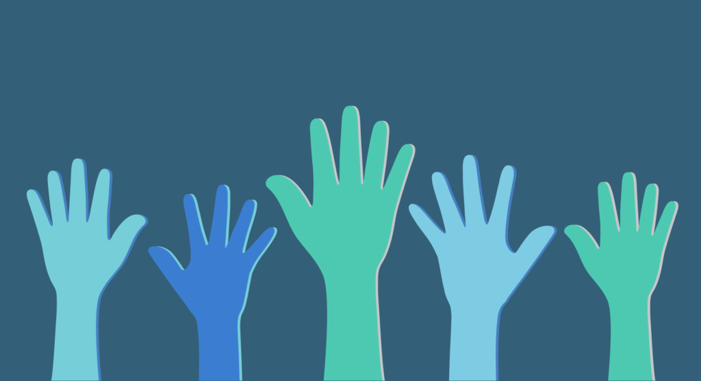 illustration of hands raised to volunteer