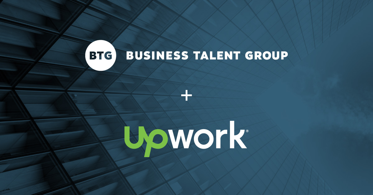 Business Talent Group and Upwork Logos over dark blue image of a skyscraper