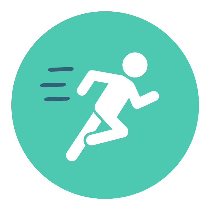 Teal icon of a runner, speed runner, fast, speed