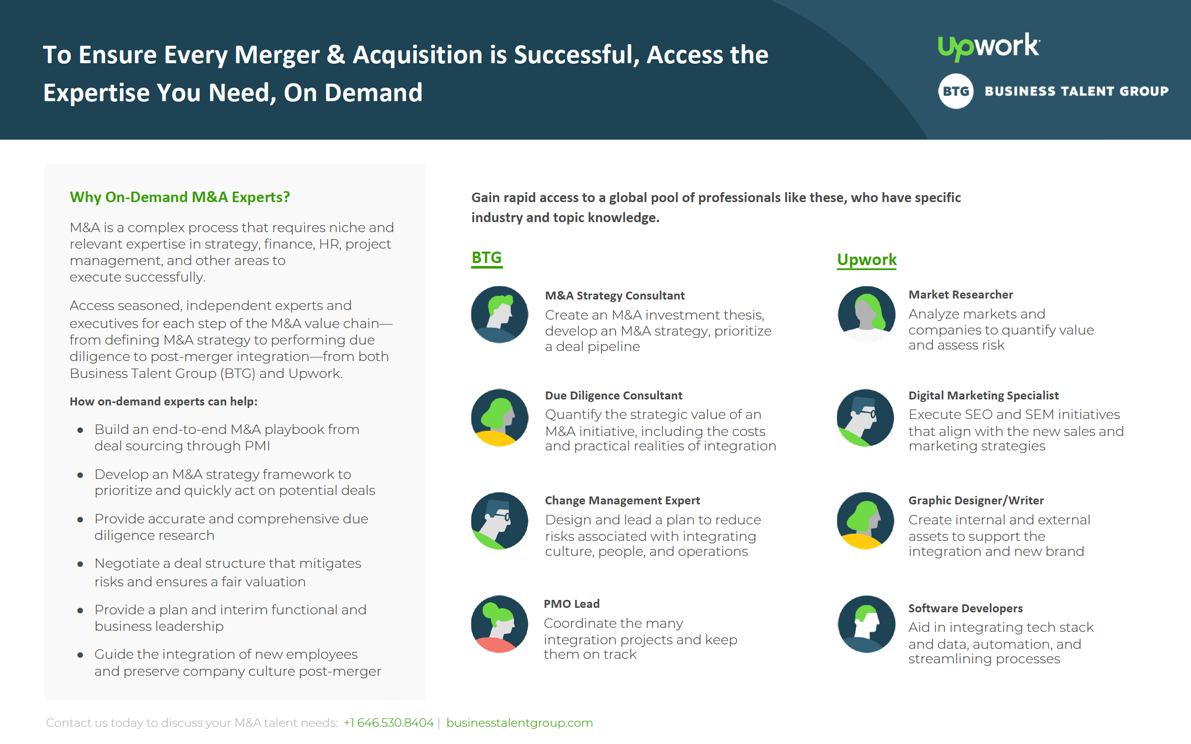 Screenshot of info sheet explaining Merger & Acquisition capabilities enabled by the BTG & Upwork collaboration