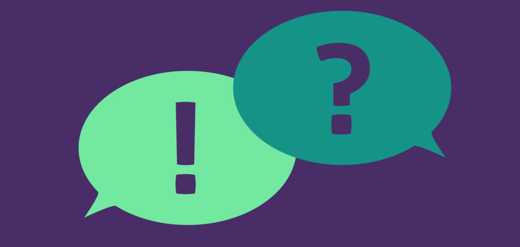 How to Have a Tough Conversation with a Client: Illustration of two speech bubbles, one with an exclamation point and one with a question mark