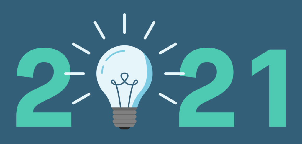 Business Resources to Start 2021 Strong - Illustration of the text 2021 with glowing lightbulb icon