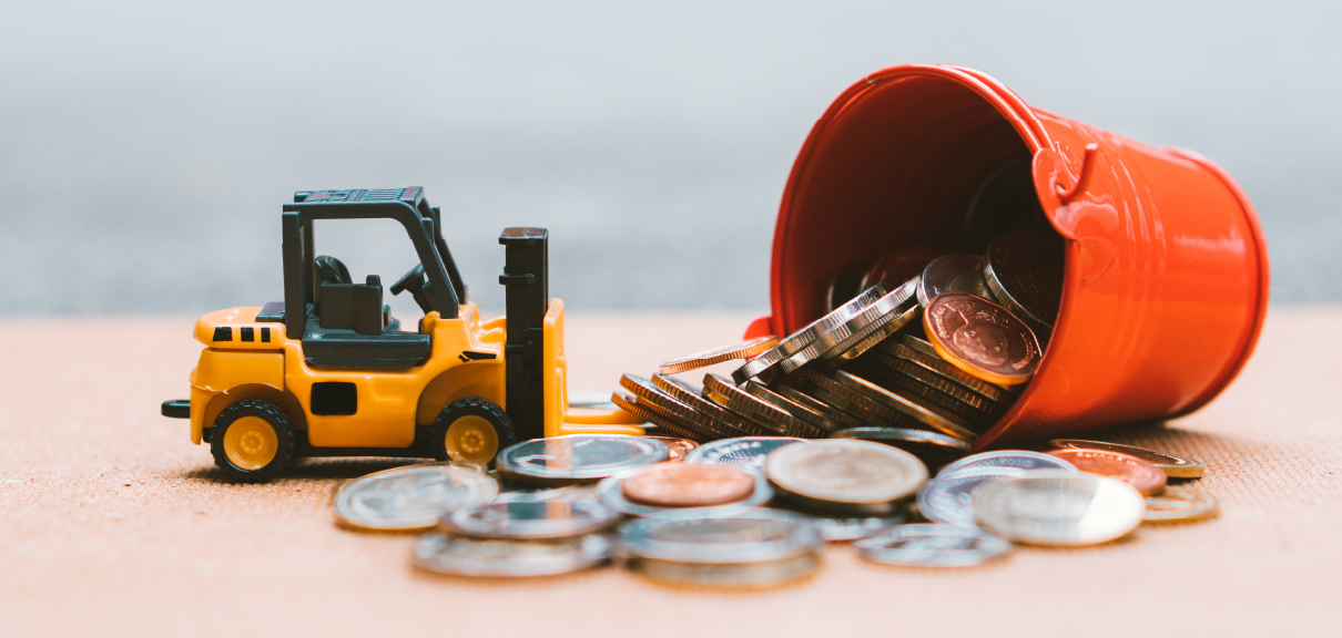 Harnessing the Power of On-Demand Talent for Post-Merger Cost Reduction - Miniature forklift tipping scooping up coins
