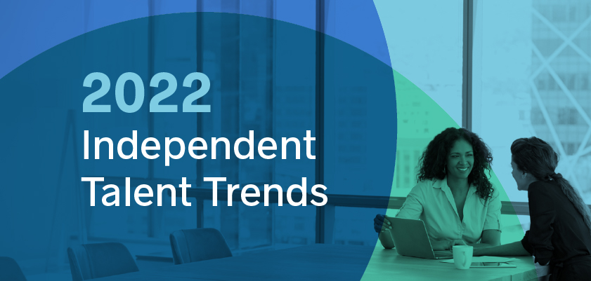 Text that says 2022 Independent Talent Trends against a backdrop of multicolored circles overlaying women at work